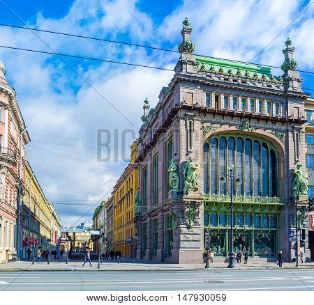 SAINT PETERSBURG RUSSIA - APRIL 25 2015: The facade of Nikolay Akimov Comedy Theatre former Eliseev merchant's mansion at Nevsky Prospect on April 25 in Saint Petersburg.