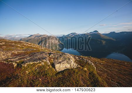 Hiking In Norway, Classic Norwegian Scandinavian Summer Mountain Landscape View With Mountains, Fjor