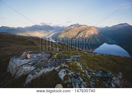 Hiking In Norway, Classic Norwegian Scandinavian Summer Mountain Landscape View With Mountains, Fjor