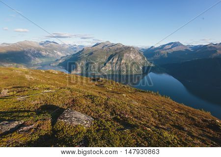 Hiking In Norway, Classic Norwegian Scandinavian Summer Mountain Landscape View With Mountains, Fjor