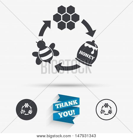 Producing honey and beeswax sign icon. Honeycomb cells symbol. Honey in pot. Sweet natural food cycle in nature. Flat icons. Buttons with icons. Thank you ribbon. Vector