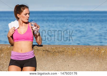 Woman Drinking Water After Sport Gym Outdoor