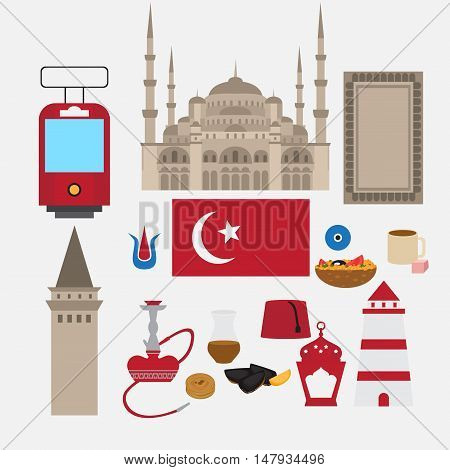 Turkish flat set design elements landmark of Istanbul Turkey. Symbols architecture and food