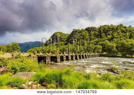 Tourist Woman On Bridge Terland Klopp In Norway