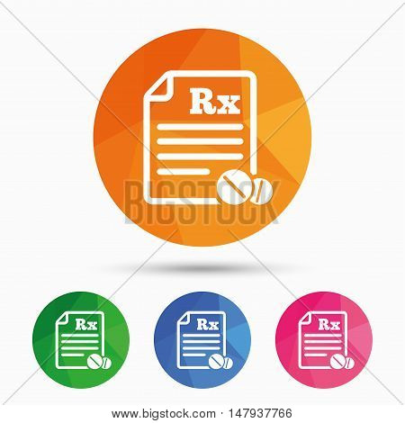 Medical prescription Rx sign icon. Pharmacy or medicine symbol. With round tablets. Triangular low poly button with flat icon. Vector