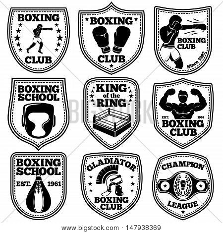 Boxing labels vector set. With boxer, gloves, punchbag, winner belt ring helmet