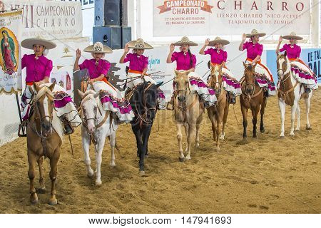 GUADALAJARA MEXICO - SEP 01 : Charras participate at the 23rd International Mariachi & Charros festival in Guadalajara Mexico on September 01 2016.