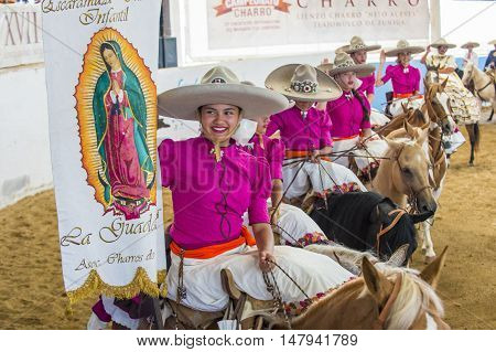GUADALAJARA MEXICO - SEP 01 : Charras participate at the 23rd International Mariachi & Charros festival in Guadalajara Mexico on September 01 2016.