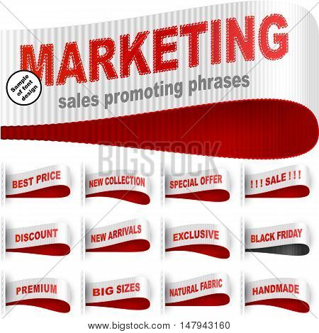 Clothes labels tags with marketing words and phrases for garments sales promotion and merchant service; Best price Discount Sale Special offer Handmade Black friday; Red white vector set Eps10