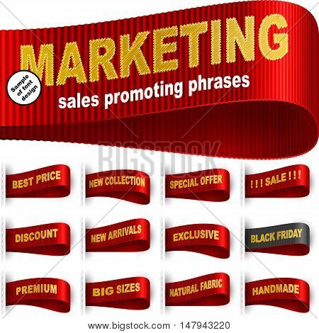 Clothes labels tags with marketing words and phrases for garments sales promotion and merchant service; Best price Discount Sale Special offer Handmade Black friday and etc; Red vector set Eps10