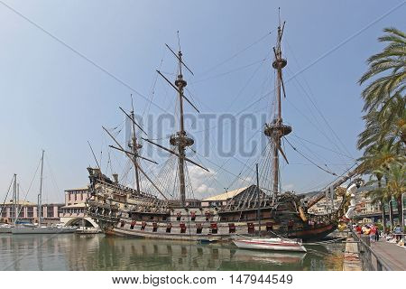 GENOA ITALY - JULY 14: Neptune Galeon Pirate Ship in Genoa on JULY 14 2013. The ship was built for Roman Polanski film Pirates in 1985 now docked at port in Genoa Italy.
