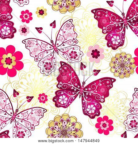 Seamless pattern with vintage butterflies and gold-purple flowers vector