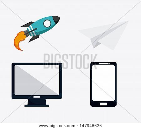 computer laptop rocket and paperplane icon. Business financial item and strategy theme. Colorful design. Vector illustration