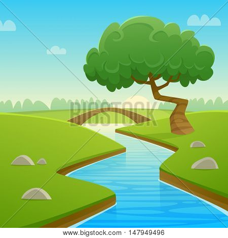 Cartoon illustration of summer rural landscape with bridge over the river and tree.