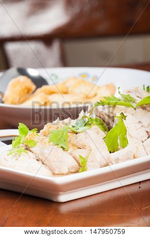 steamed chicken with ginger sauce and thick soy sauce