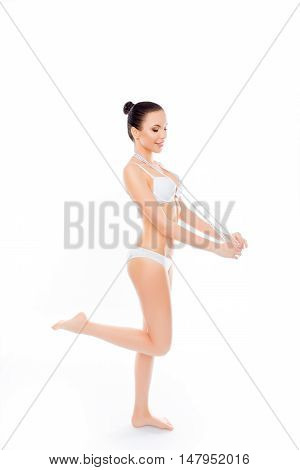Full Photo Of Sexy Slim Woman In White Underwear With Measuring Tape