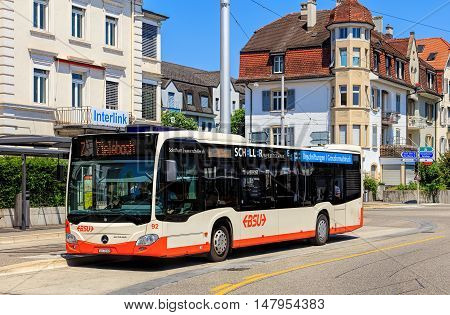 Solothurn, Swizerland - 10 July, 2016: a Mercedes-Benz Citaro bus on Bahnhofplatz square. Mercedes-Benz Citaro is a single-deck bus manufactured by Mercedes-Benz/EvoBus, introduced in 1997.