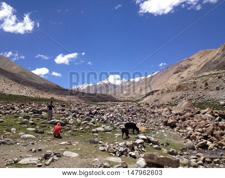 LEH LADAKH INDIA - JULY 9 2014 : Road from Khardungla pass to Nubra valley Leh Ladakh India