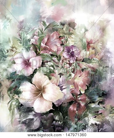 Bouquet of multicolored flowers watercolor painting style