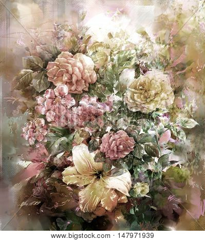 Bouquet of multicolored flowers watercolor painting style