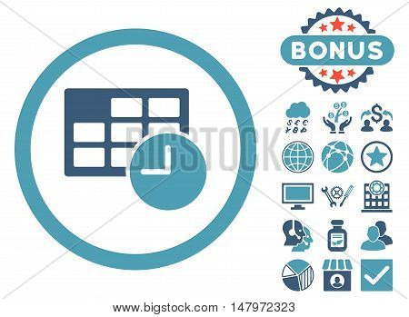 Date and Time icon with bonus symbols. Vector illustration style is flat iconic bicolor symbols, cyan and blue colors, white background.