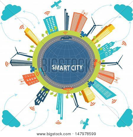 Smart City concept and Cloud computing technology Internet networking concept with different elements. Smart city design with future technology
