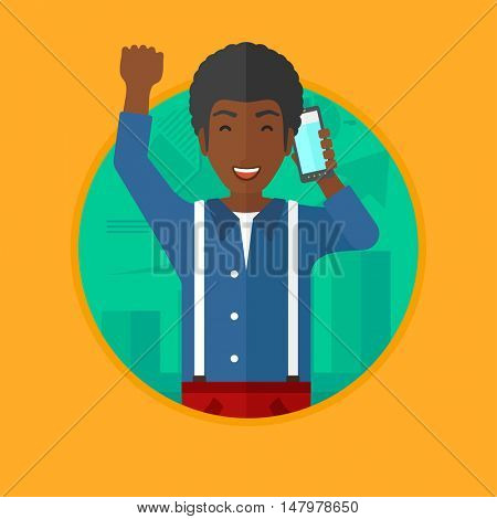 An african-american man getting good news on mobile phone on the background of growing chart. Stockbroker at stock exchange. Vector flat design illustration in the circle isolated on background.