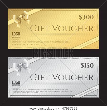Elegant gift card or gift voucher template with shiny gold and silver bows and ribbons vector
