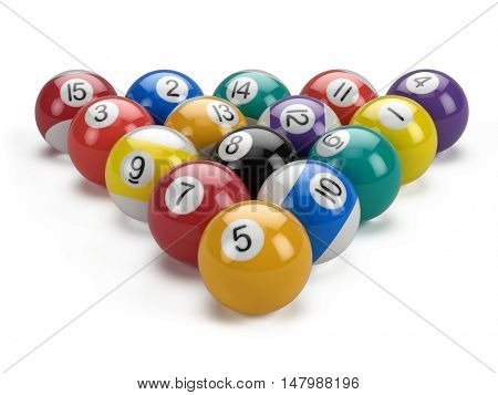 Billiard pool balls pyramid isolated on white - 3d illustration