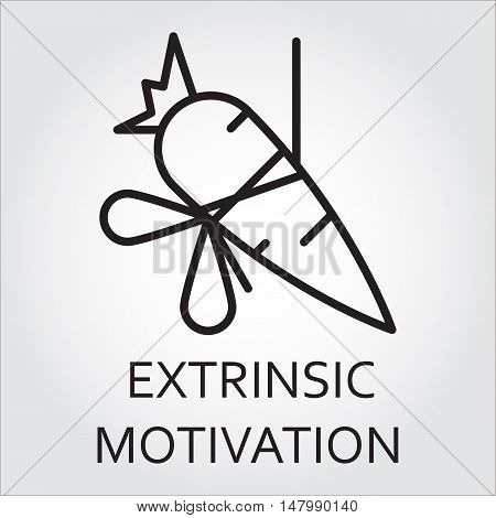 Black flat line vector icon with a picture of extrinsic motivation as carrot on a rope on white background.