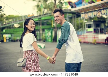 Couple Dating Amusement Park Funfair Festive Playful Happiness Concept