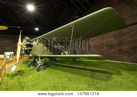 PRAGUE CZECH REPUBLIC - AUGUST 18 2016: Old military plane stands in Prague Aviation Museum Kbely in Prague Czech republic