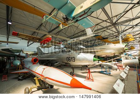 PRAGUE CZECH REPUBLIC - AUGUST 18 2016: Old military planes stands in Prague Aviation Museum Kbely in Prague Czech republic
