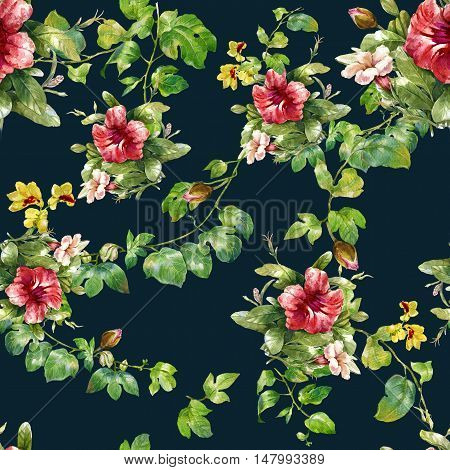 Watercolor painting of leaf and flowers seamless pattern on dark background