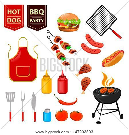 Summer barbecue party. Set of flat icons with grilled chicken drumsticks hot dog meat and sauces vector illustration
