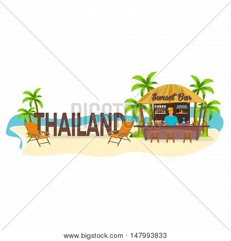 Beach Bar. Thailand. Travel. Palm, Drink, Summer, Lounge Chair, Tropical.