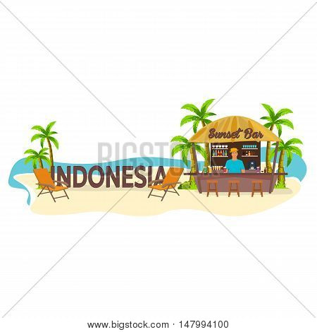 Beach Bar. Indonesia. Travel. Palm, Drink, Summer, Lounge Chair, Tropical.