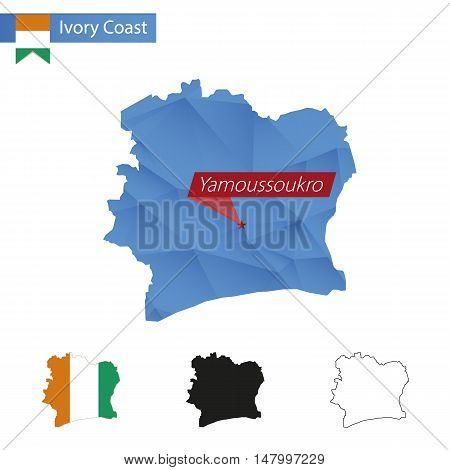 Ivory Coast Blue Low Poly Map With Capital Yamoussoukro.