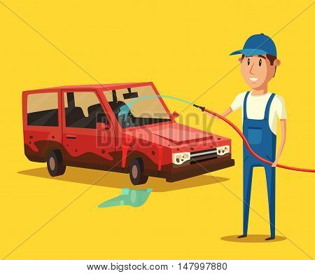 Car washing service. Vector cartoon illustration. Worker washing a car. Spraying water from the hose. Car wash specialist in uniform