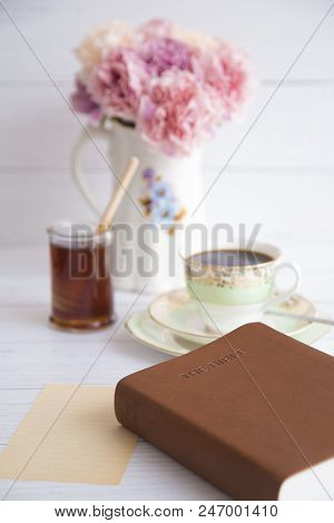 Morning Breakfast And A Bible Study On A White Table