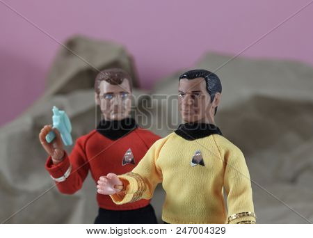 JUNE 22 2018: Recreation of a scene from Star Trek where Captain James T. Kirk beams down to the planet with an away team of red shirt security officers