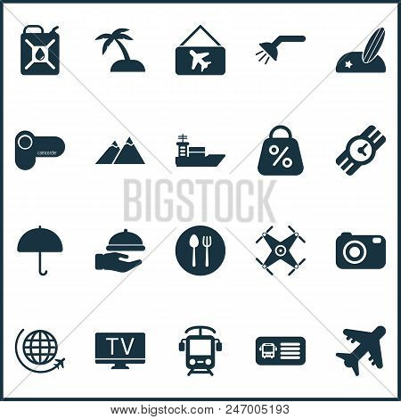 Journey Icons Set With Quadrupter, The Mountains, Parasol And Other Vessel Elements. Isolated Vector