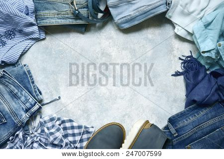 Woman Clothing Set In A Blue Color - Jeans, Bluse, Shirt, Boots And Accessories.top View With Copy S