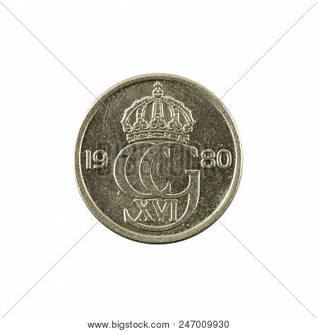 25 Swedish Oere Coin (1980) Reverse Isolated On White Background