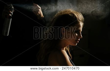 Professional Styling. Hairstylist Apply Hairspray At Woman Hair. Sensual Woman With Makeup And Hairs