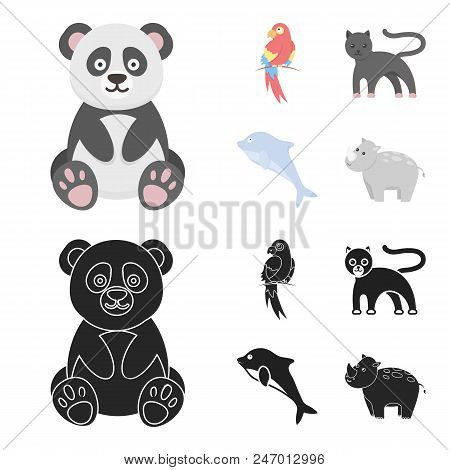 Panda.popugay, Panther, Dolphin.animal Set Collection Icons In Cartoon, Black Style Vector Symbol St
