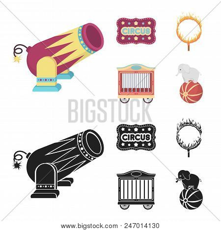 Circus Trailer, Circus Gun, Burning Hoop, Signboard.circus Set Collection Icons In Cartoon, Black St