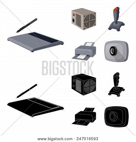 Power Unit, Dzhostik And Other Equipment. Personal Computer Set Collection Icons In Cartoon, Black S