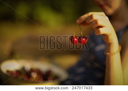 Sweet Cherry Merry In Human Hand With Teenager Girl On Background Close Up Summer Outdoor Photo