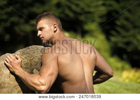 Hercules, Heracles. Beauty Fashion Portrait. Sportsman Man With Strong Hands Biceps, Triceps Push Bo